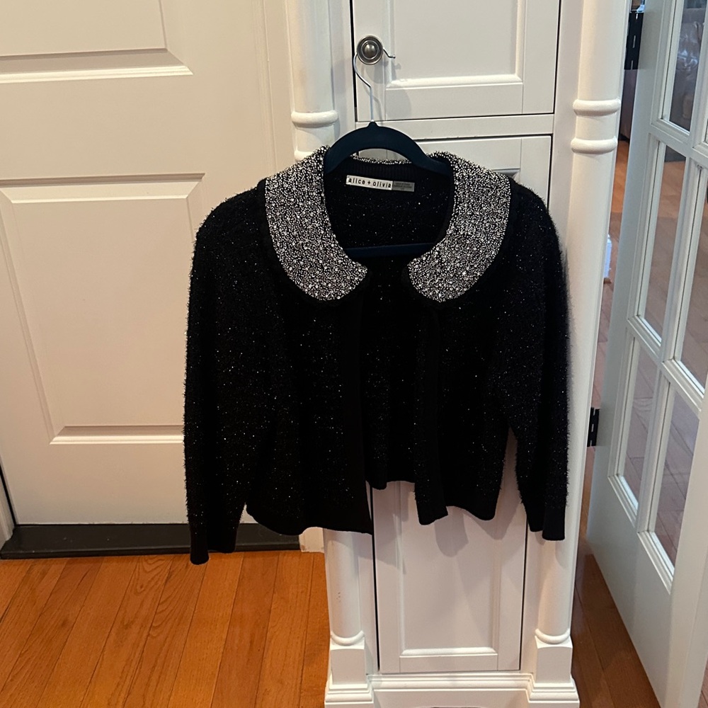 Alice + Olivia Black Cropped Cardigan Sweater w/Rhinestone Embellishment Collar